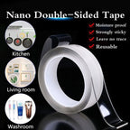 Roll of nano double-sided tape with its uses in kitchen, living room, and washroom on a black background.