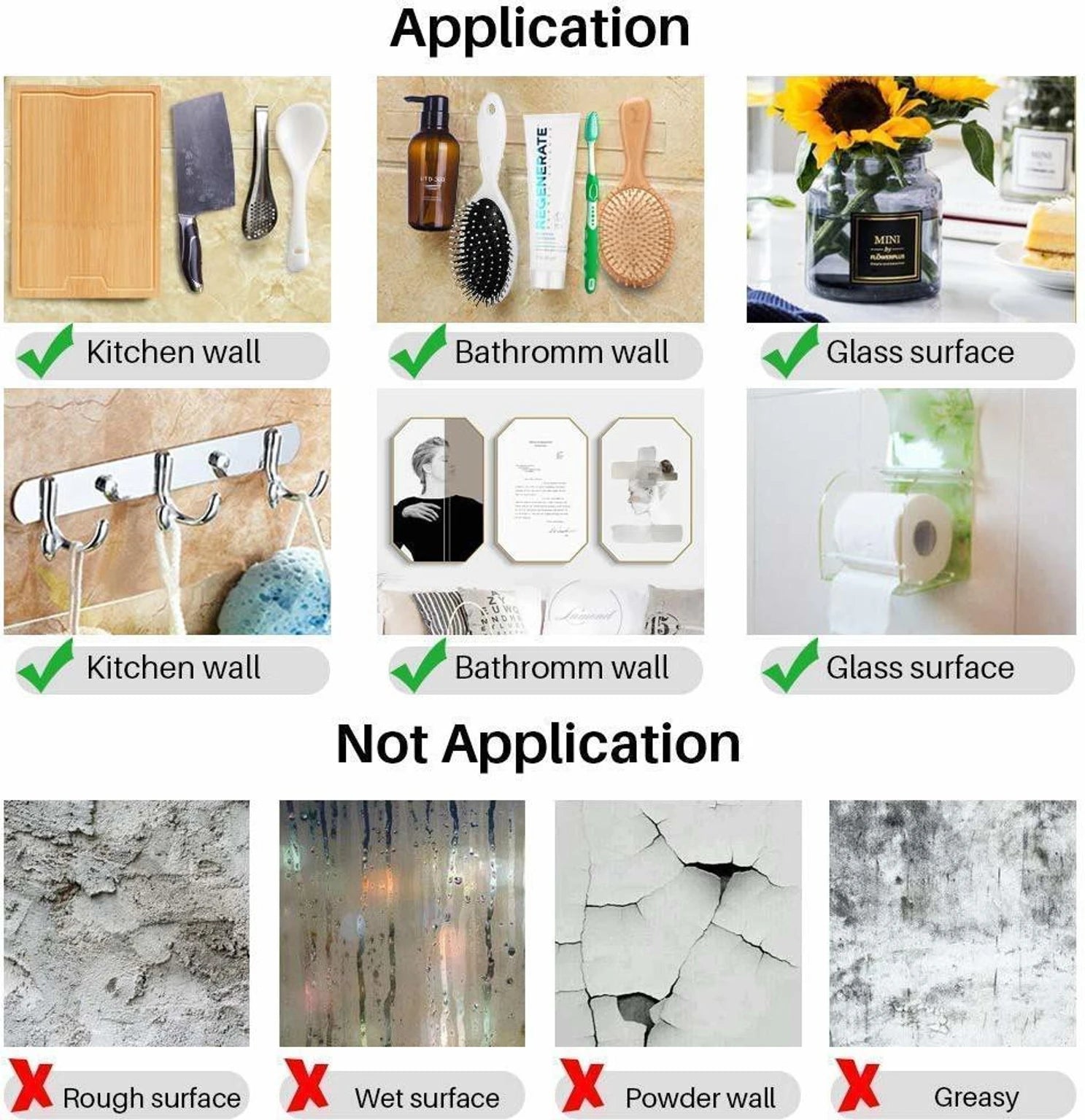 Application and non-application examples for a product on different surfaces.