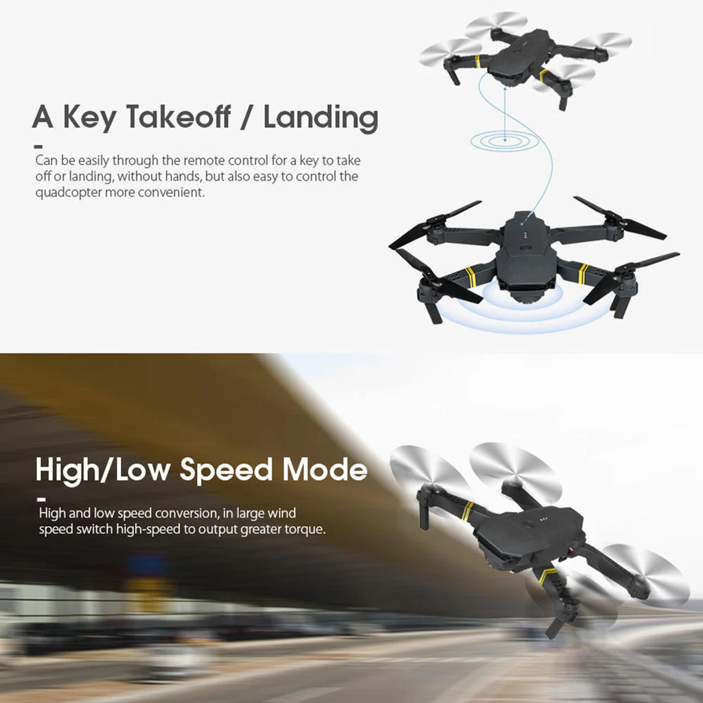 Drone with text on key takeoff/landing and high/low speed mode features.