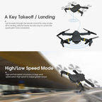 Drone with text on key takeoff/landing and high/low speed mode features.