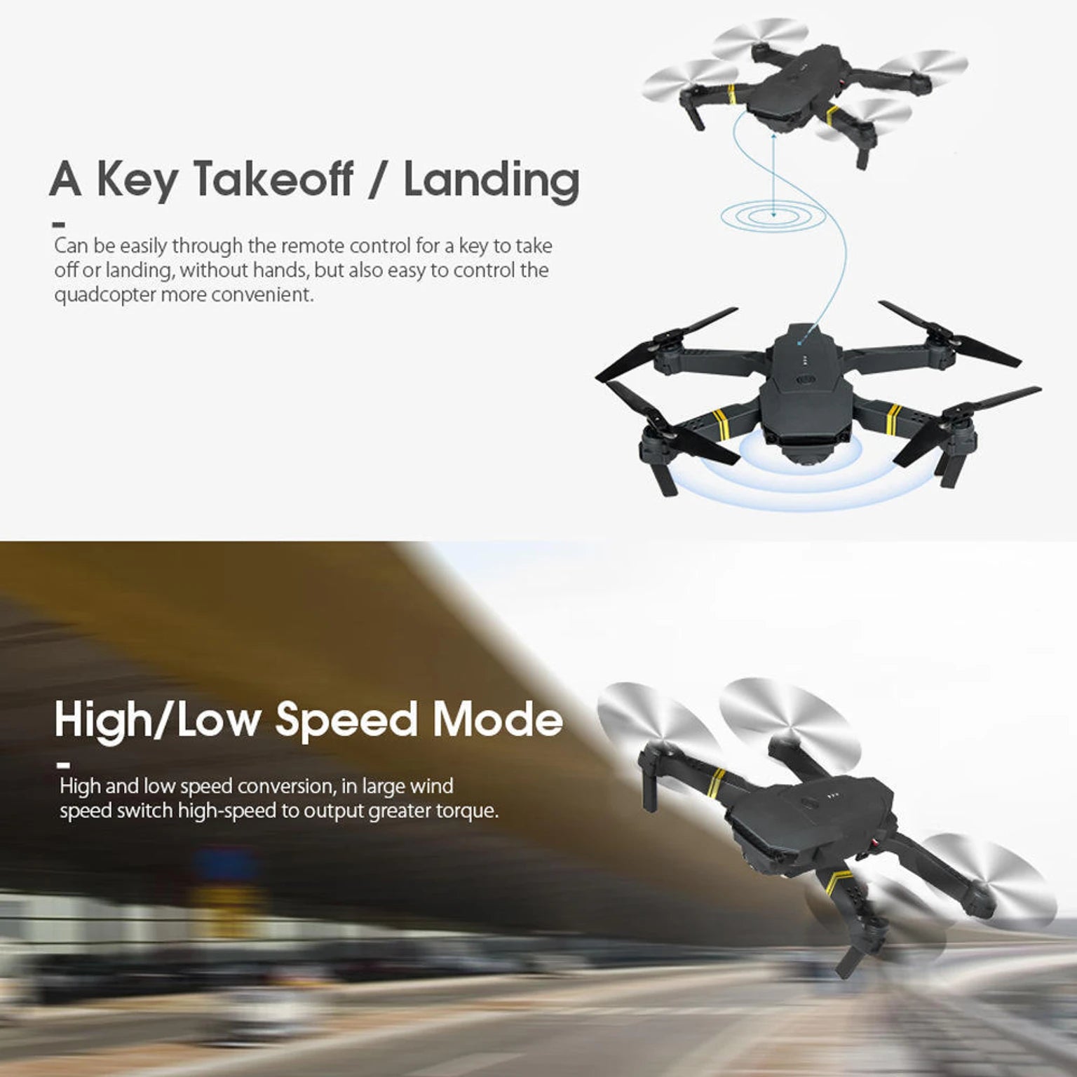 Drone with text on key takeoff/landing and high/low speed mode features.