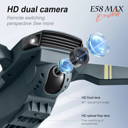 Close-up of a drone with HD dual camera system and E58 MAX branding.