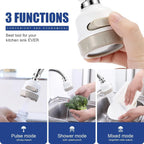 Kitchen faucet attachment with three modes for different water flow types, held by a hand.