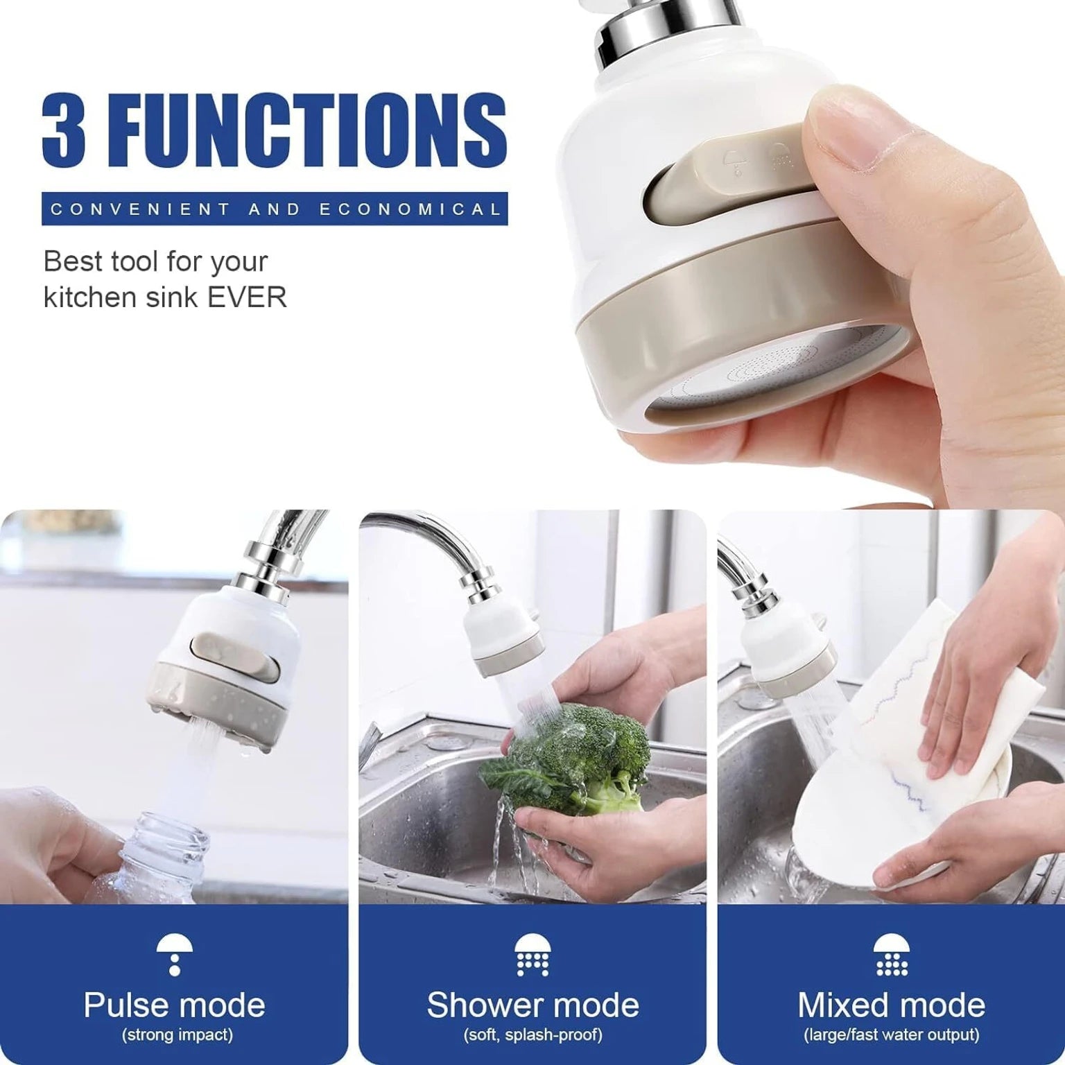 Kitchen faucet attachment with three modes for different water flow types, held by a hand.