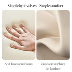Text 'Simplicity involves - Simple comfort' with a hand on a soft foam cushion and close-up of leather surface.