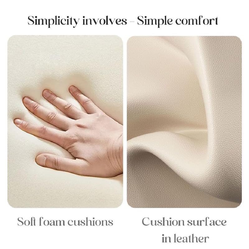 Text 'Simplicity involves - Simple comfort' with a hand on a soft foam cushion and close-up of leather surface.
