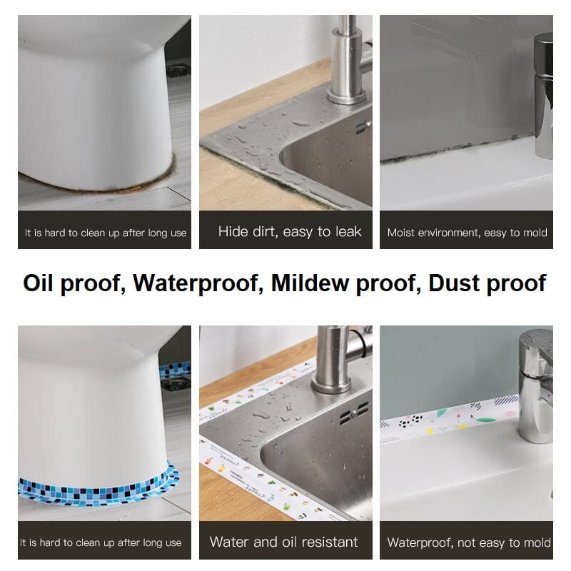 Collage of kitchen surfaces with text highlighting properties like oil proof, waterproof, mildew proof, and dust proof.