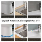 Collage of kitchen surfaces with text highlighting properties like oil proof, waterproof, mildew proof, and dust proof.