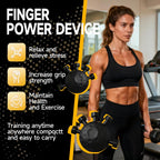 Woman using a finger power device with text highlighting its benefits in a gym setting.