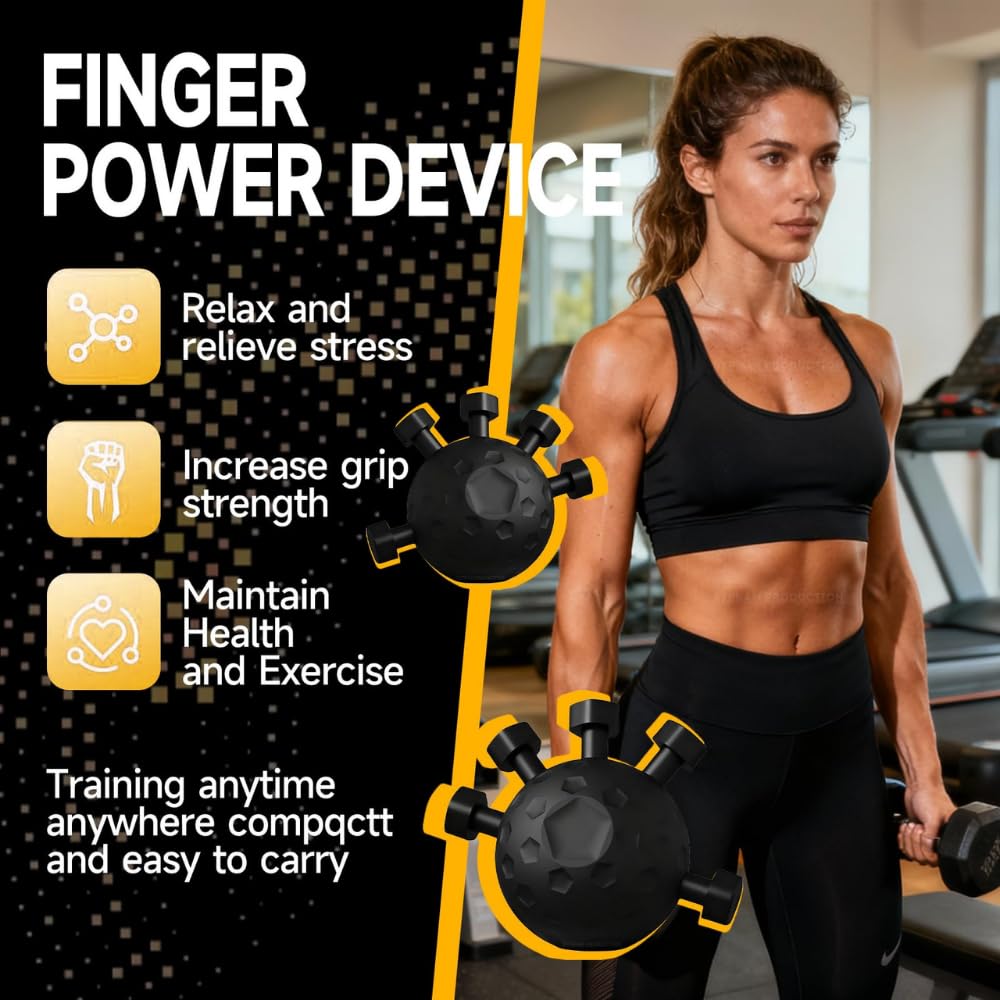 Woman using a finger power device with text highlighting its benefits in a gym setting.