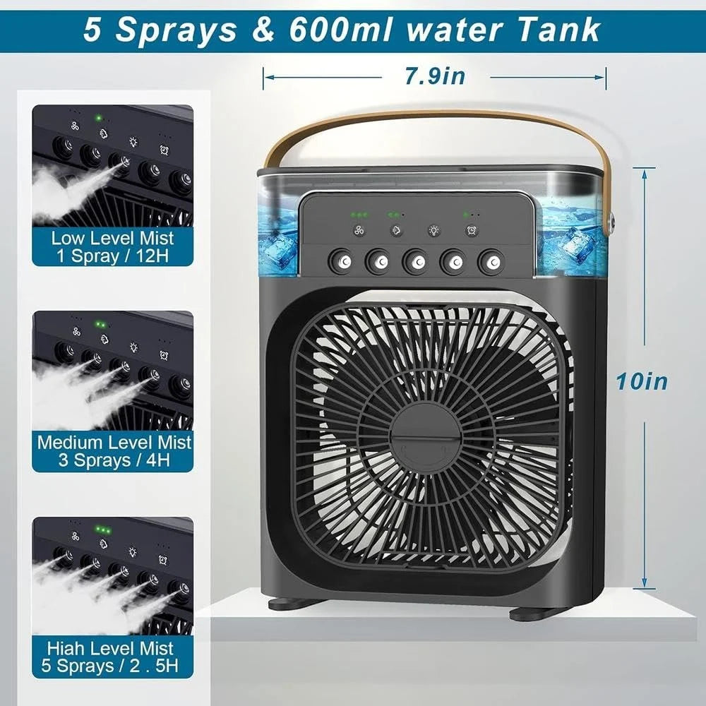 Black air purifier with spray features and dimensions displayed on a gray background