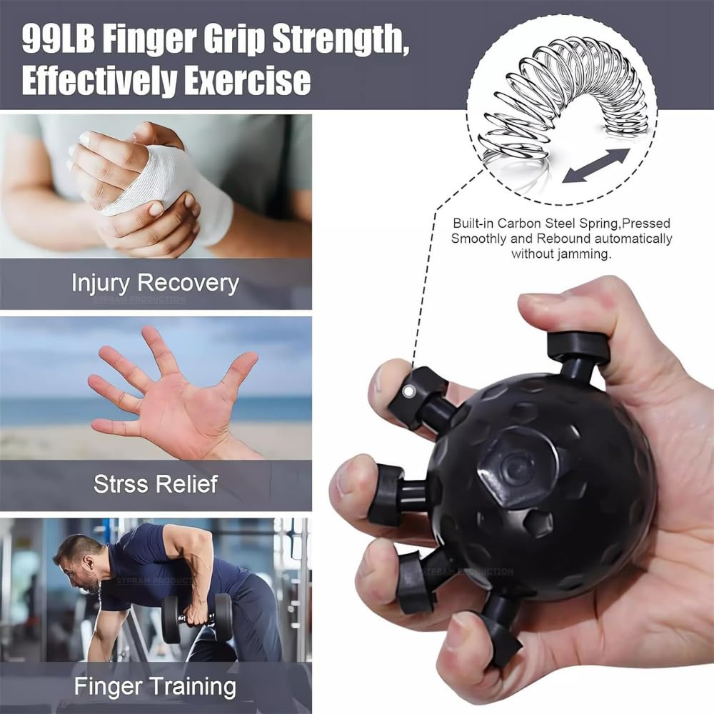 Handheld device for finger grip strength training with text on benefits and features.