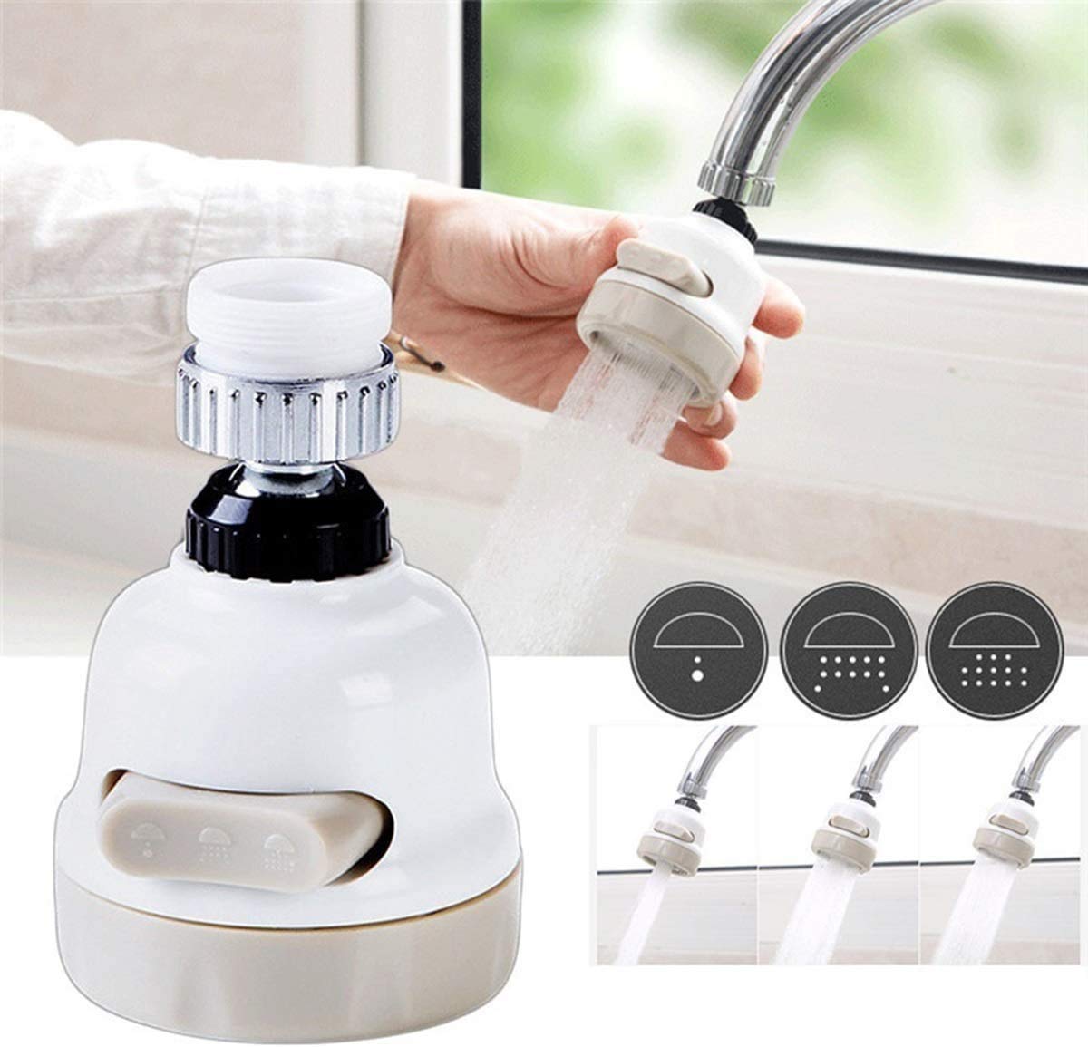 White kitchen faucet attachment with water flow display and multiple nozzle options.
