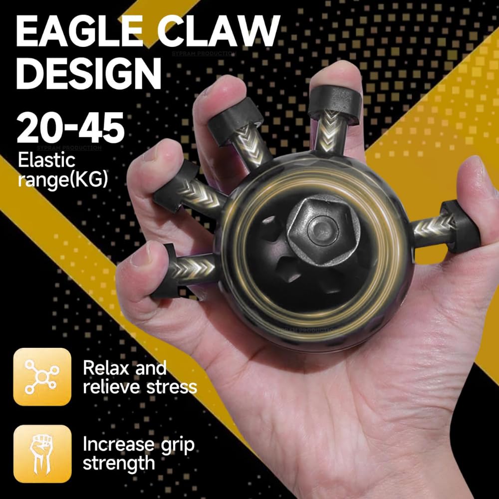 Hand holding a black and gold device with 'Eagle Claw Design' text on a yellow and black background.