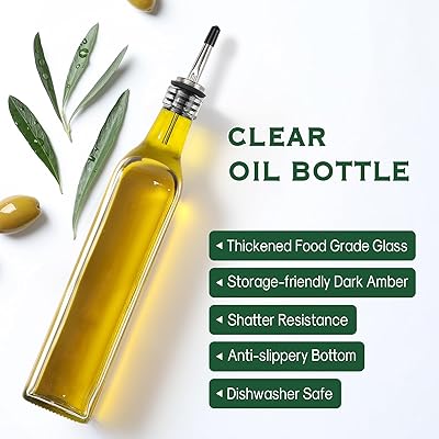 Clear oil bottle with olive leaves on a white background, featuring text about bottle features.