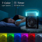 Portable fan with 7-color light options and timer features on a bedside table.