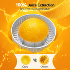 Orange being juiced with a strainer, surrounded by orange juice on an orange background.
