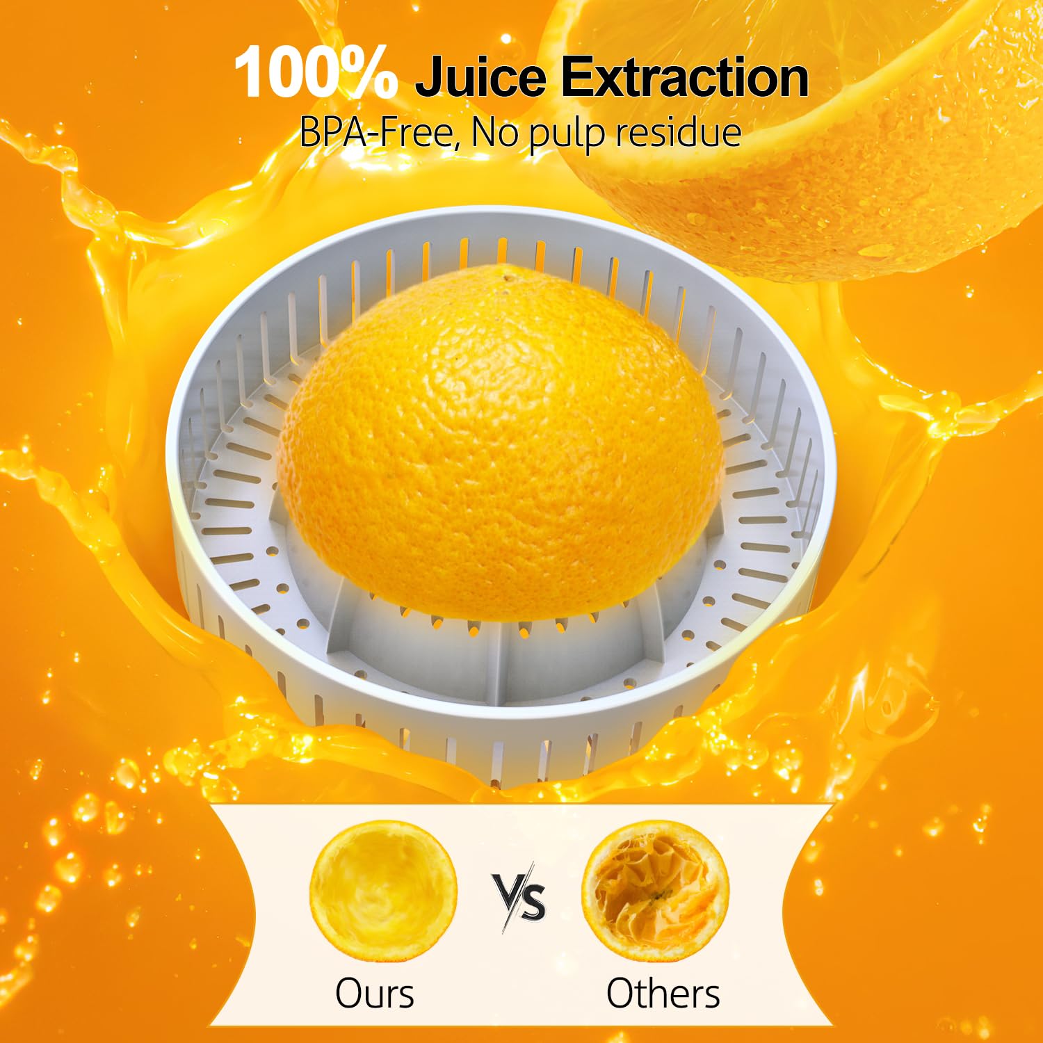 Orange being juiced with a strainer, surrounded by orange juice on an orange background.