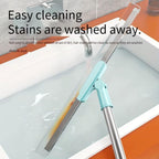 Cleaning tool with text about easy cleaning and stain removal on a glass surface.