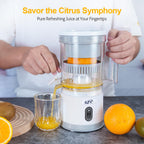 Person using a manual juicer to extract juice from oranges with text 'Savor the Citrus Symphony' on a white background.