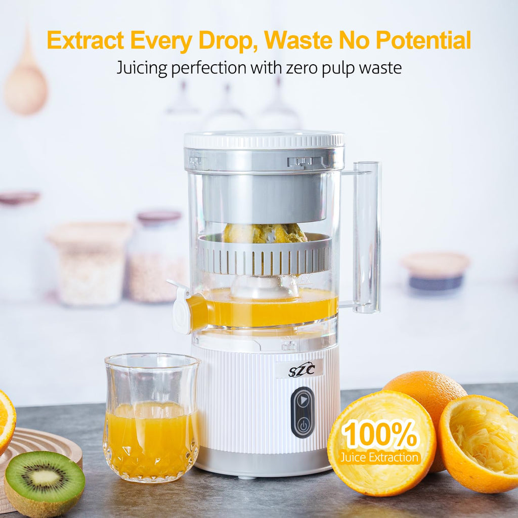 Juicer with oranges, kiwi, and a glass of juice on a table with text about juice extraction.