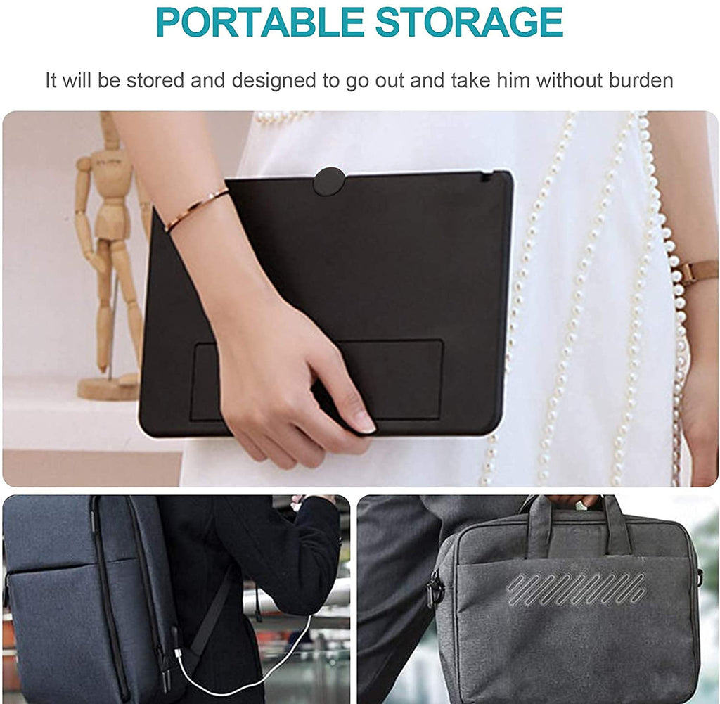 Black portable storage case held by a person, with additional views of gray bags.