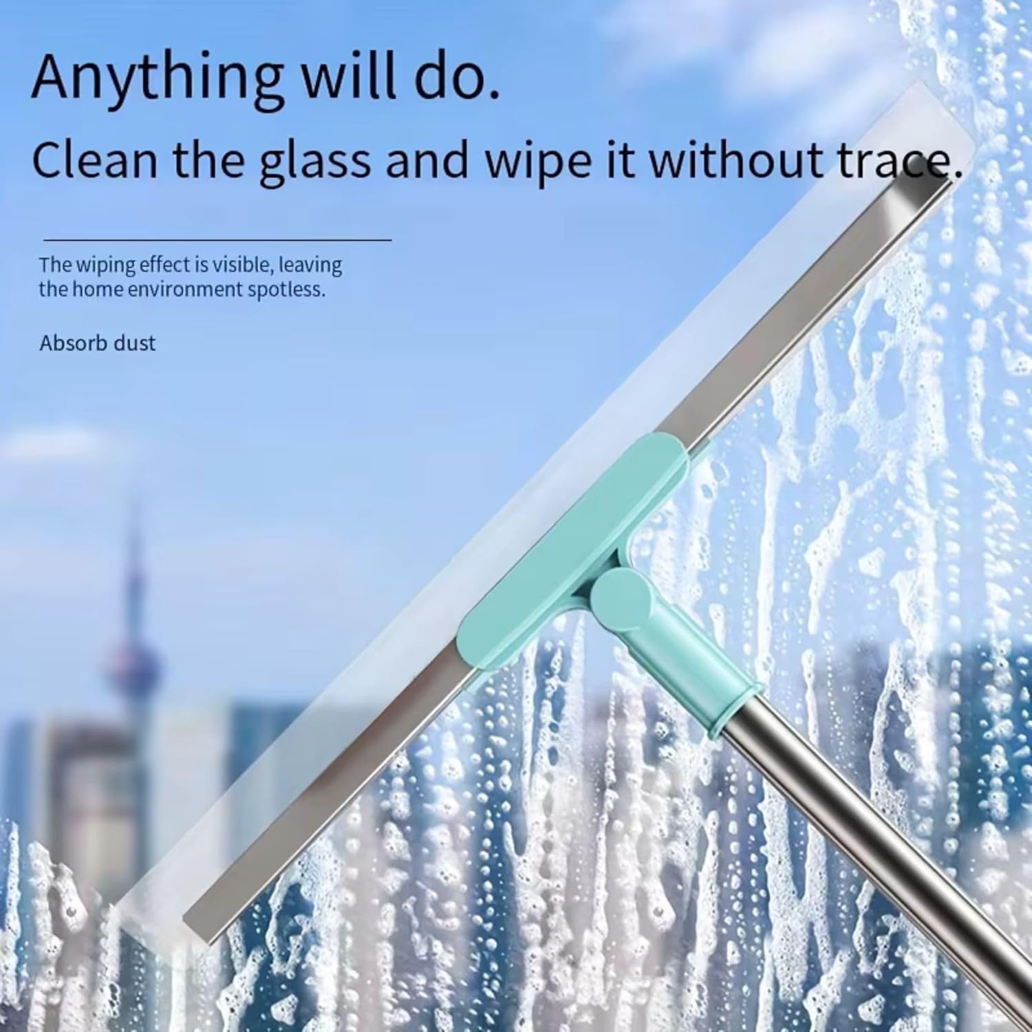Window cleaning tool with a blue squeegee on a window with a cityscape background.