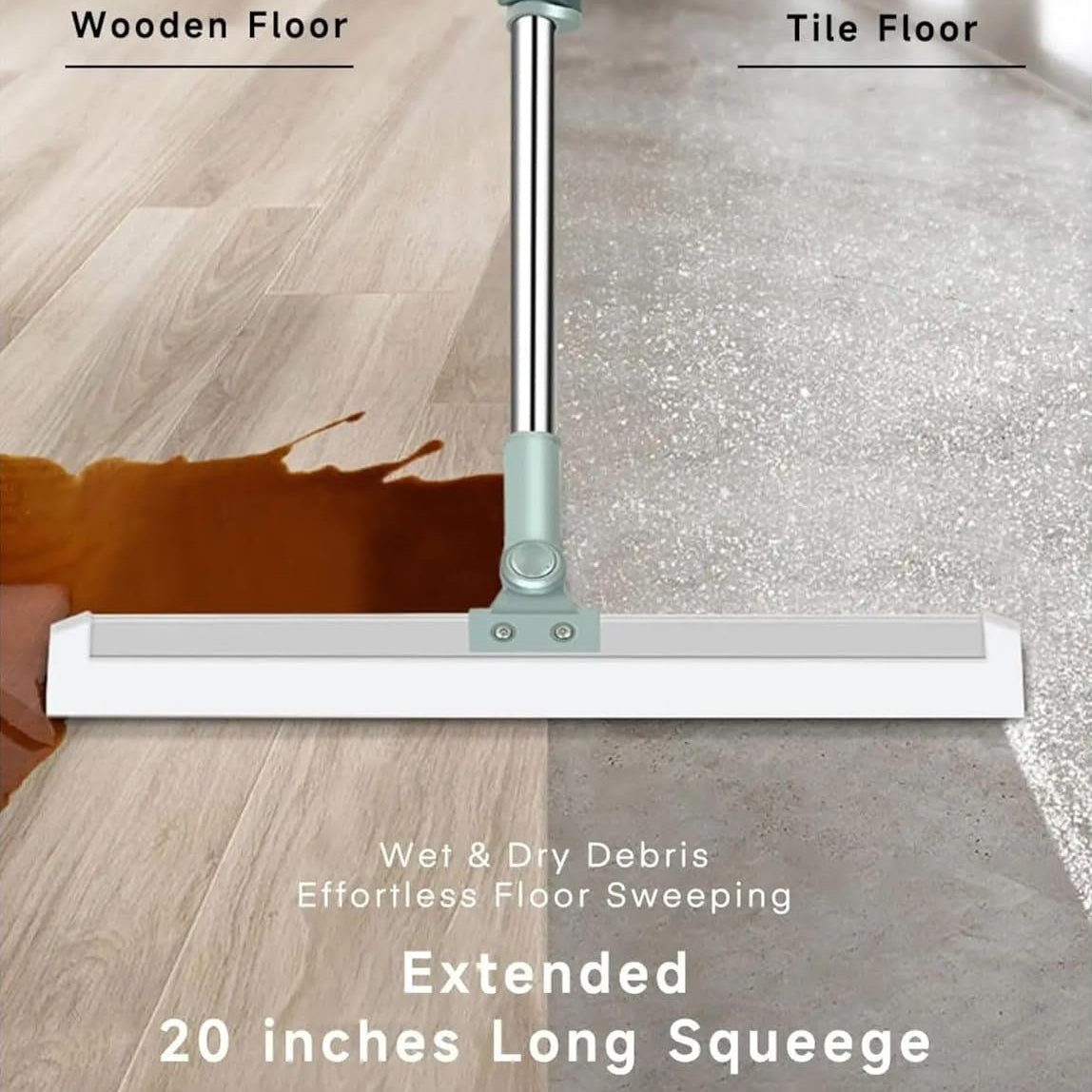 Floor cleaning tool being used on wooden and tile floors with text indicating its features.