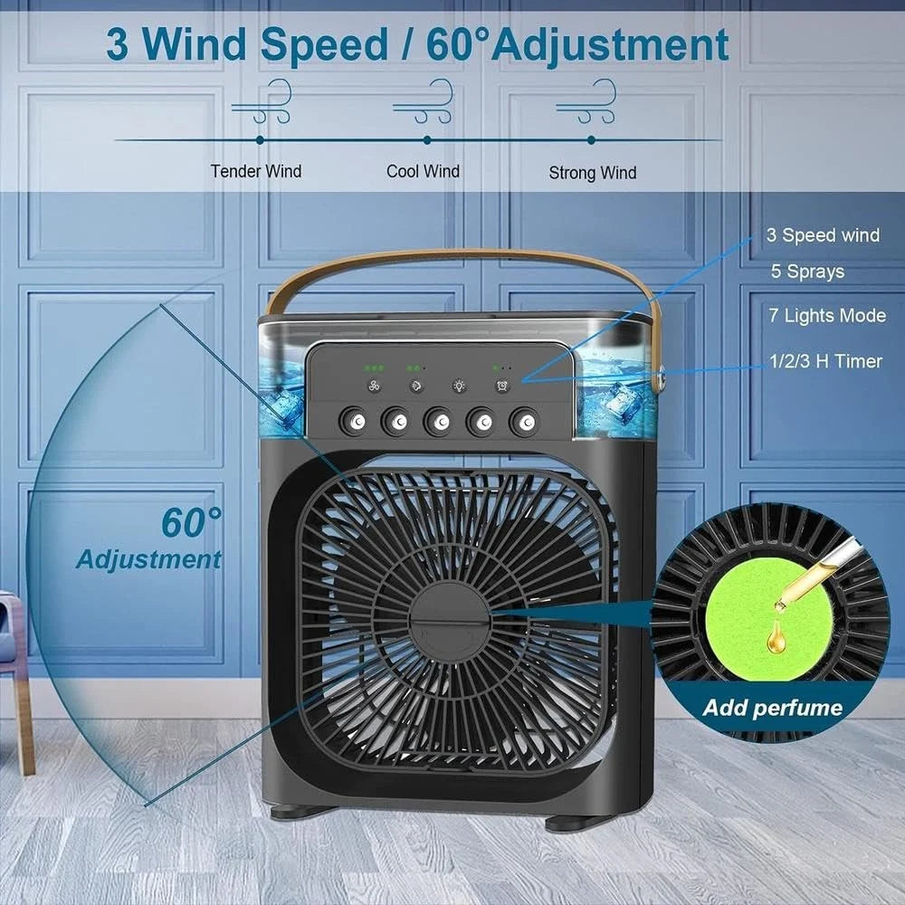 Portable fan with features highlighted on a blue background