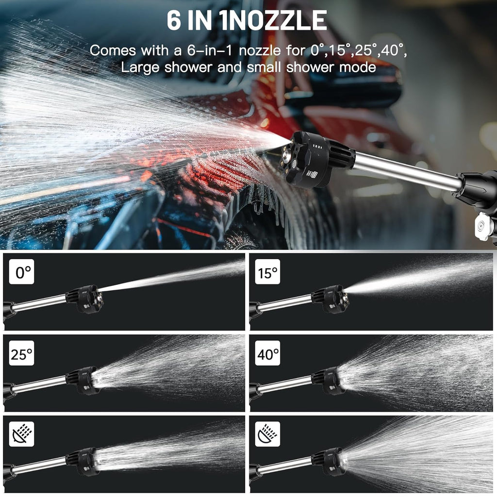 6-in-1 nozzle for a hose with different spray angles and modes, used to clean a car.