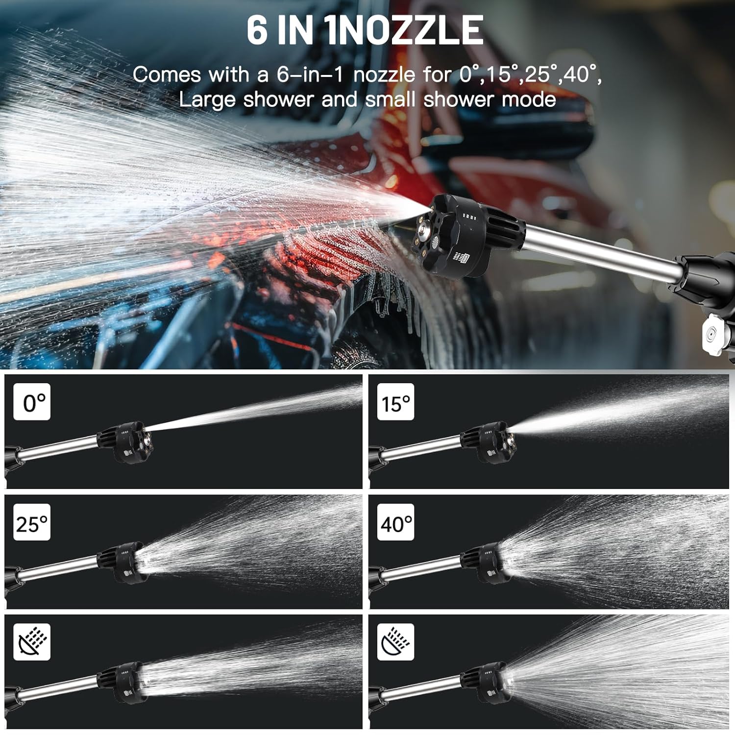 6-in-1 nozzle for a hose with different spray angles and modes, used to clean a car.