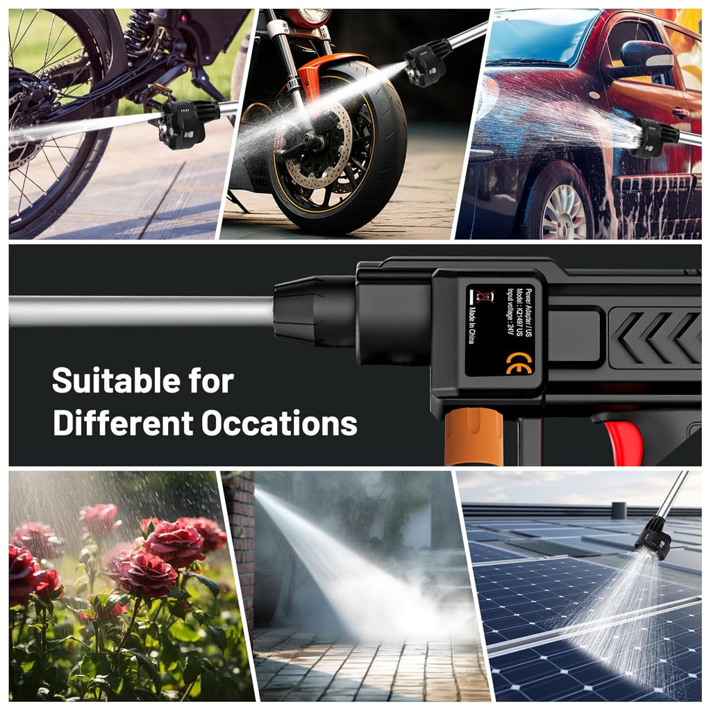 Collage of a pressure washer being used on various surfaces with text 'Suitable for Different Occasions'.