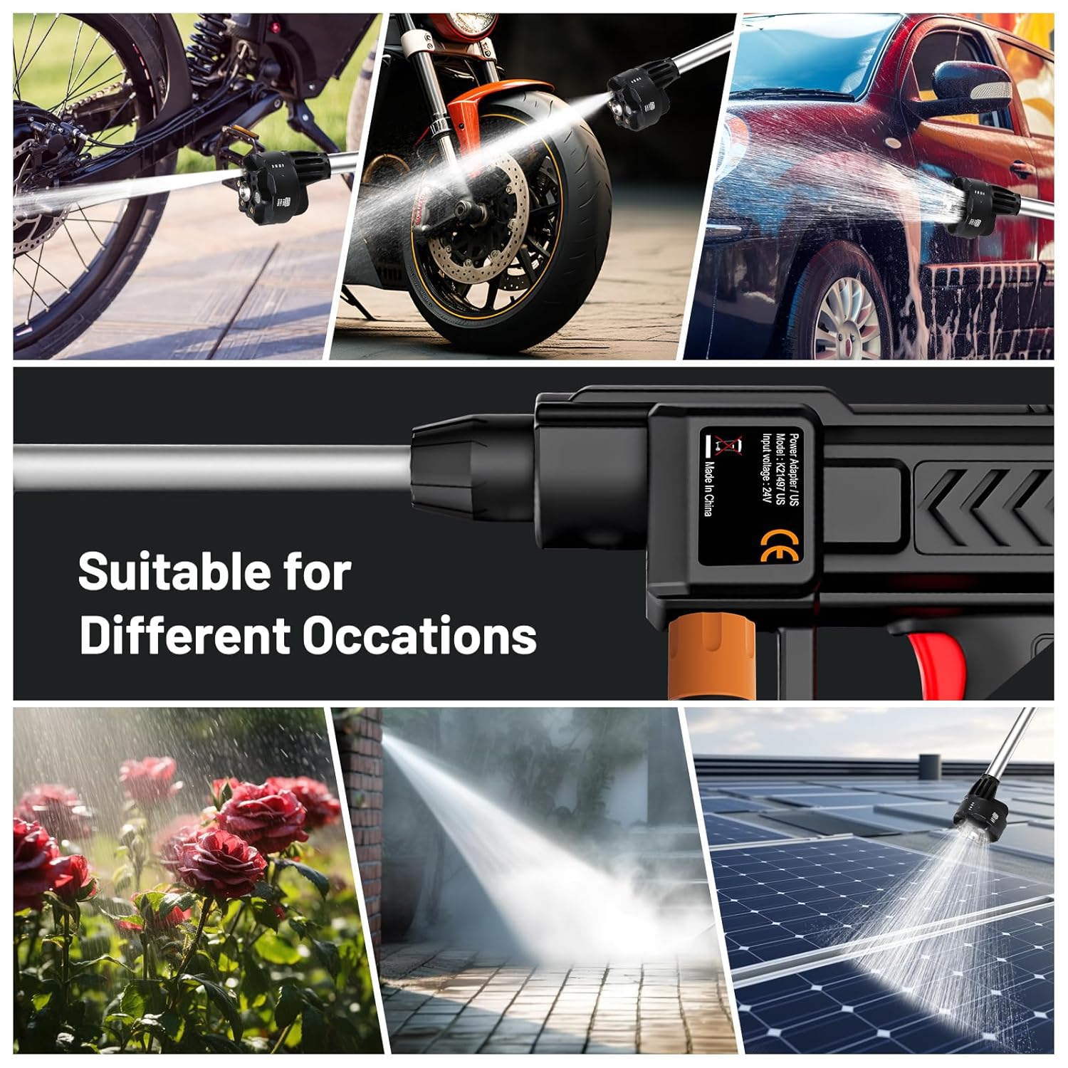 Collage of a pressure washer being used on various surfaces with text 'Suitable for Different Occasions'.