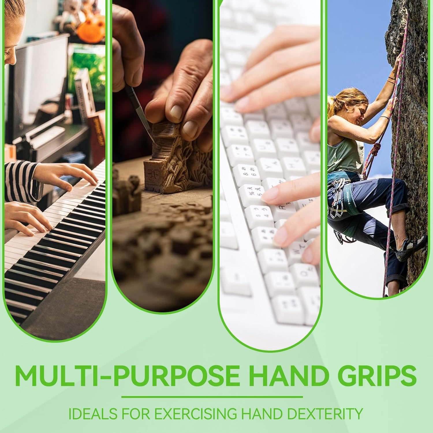 Collage of people using multi-purpose hand grips in various activities with text 'Multi-Purpose Hand Grips' and 'Ideals for Exercising Hand Dexterity'.