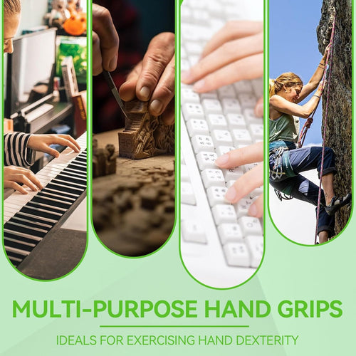 Collage of people using multi-purpose hand grips in various activities with text 'Multi-Purpose Hand Grips' and 'Ideals for Exercising Hand Dexterity'.