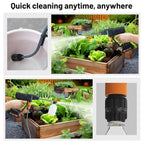 Gardening tool being used to water plants with text 'Quick cleaning anytime, anywhere'.