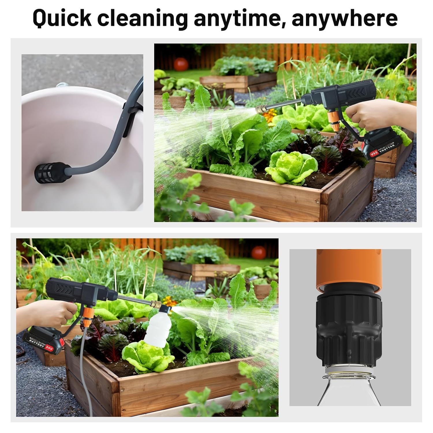 Gardening tool being used to water plants with text 'Quick cleaning anytime, anywhere'.