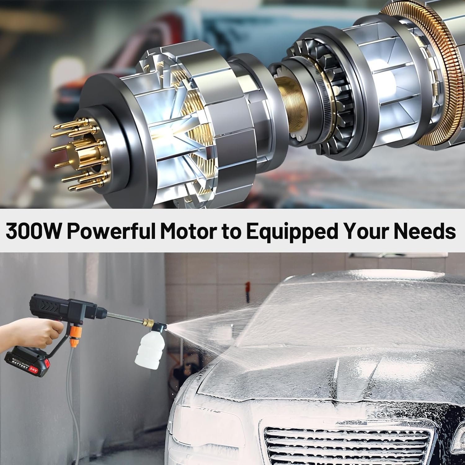 Car washing tool with 300W powerful motor and close-up of motor components.