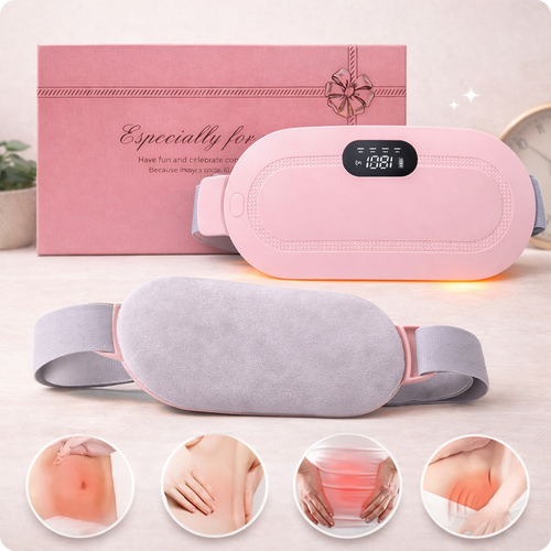 Pink and gray massager with digital display on a light background, accompanied by a pink gift box.