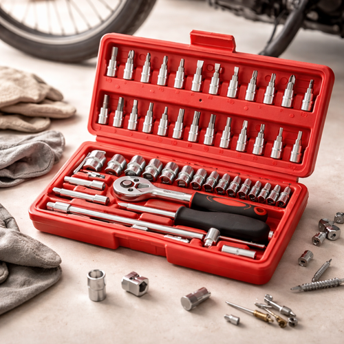 Red tool kit with various sockets and tools on a concrete surface with gloves and a bicycle wheel in the background.