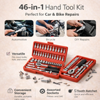 46-in-1 hand tool kit with various tools and a carrying case on a beige background.
