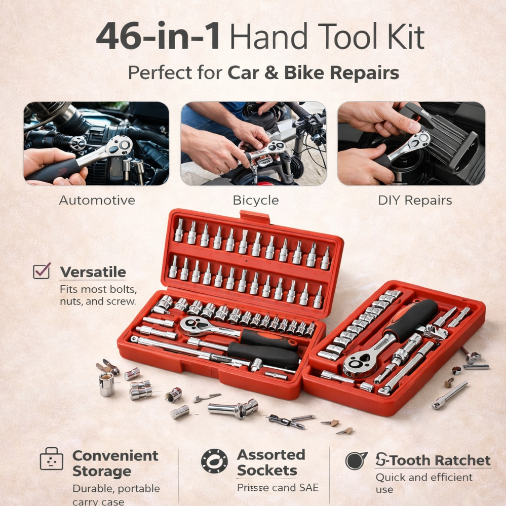 46-in-1 hand tool kit with various tools and a carrying case on a beige background.