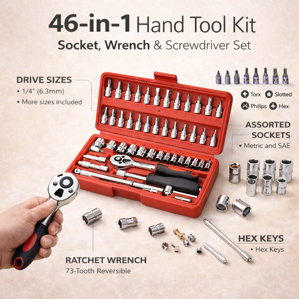 46-in-1 hand tool kit with socket, wrench, and screwdriver set on a beige background