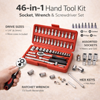 46-in-1 hand tool kit with socket, wrench, and screwdriver set on a beige background
