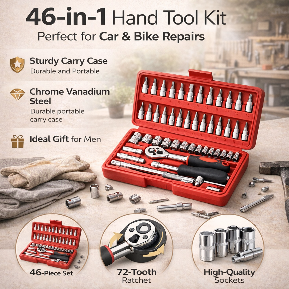 46-in-1 hand tool kit with various tools and accessories on a wooden surface.