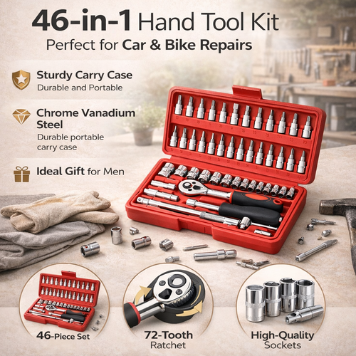 46-in-1 hand tool kit with various tools and accessories on a wooden surface.