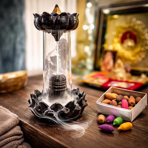 Incense burner with smoke on a wooden surface, surrounded by colorful incense sticks and a decorative item in the background.