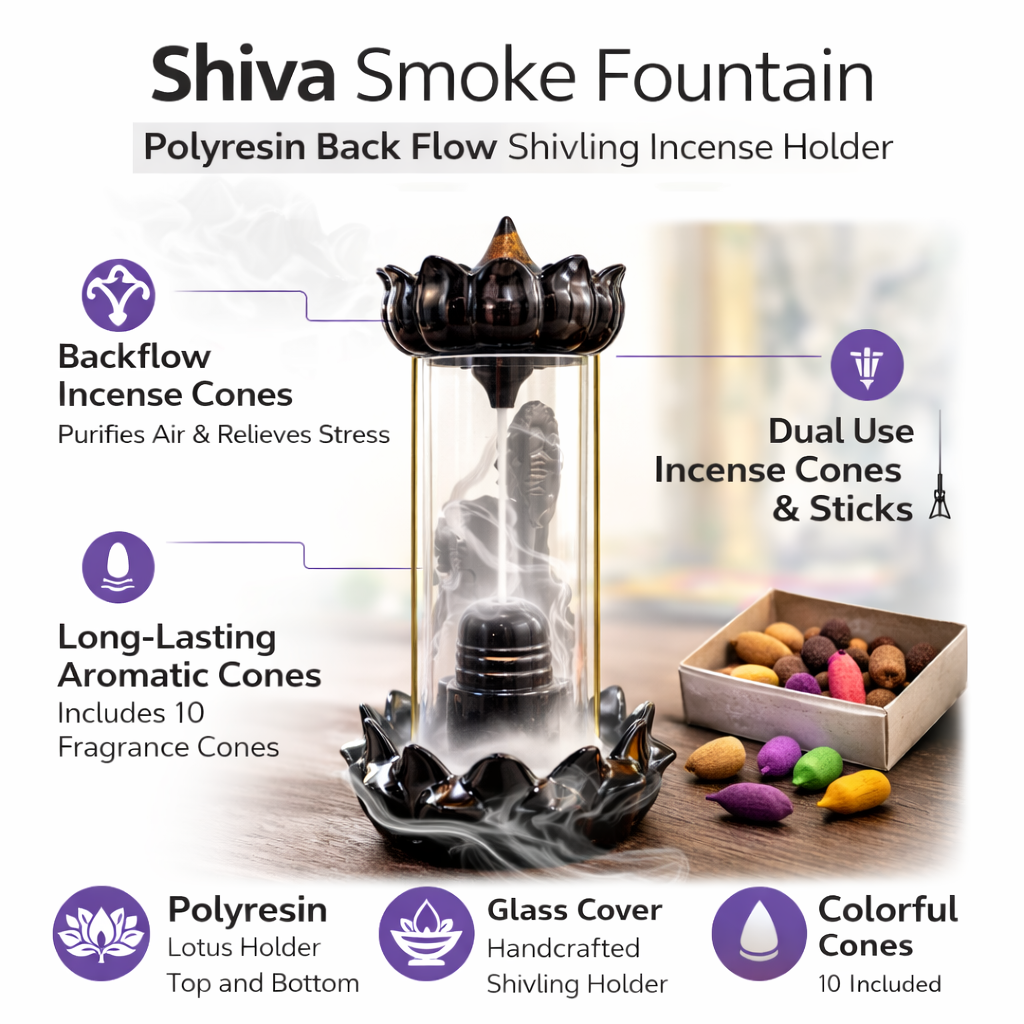 Shiva Smoke Fountain with features highlighted on a white background