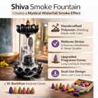 Shiva Smoke Fountain with features and incense cones on a wooden surface