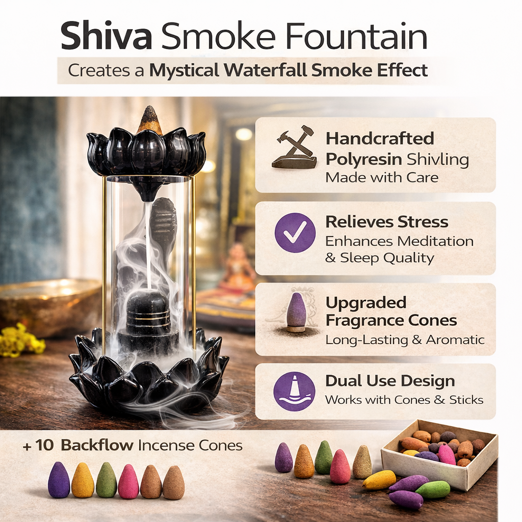 Shiva Smoke Fountain with features and incense cones on a wooden surface